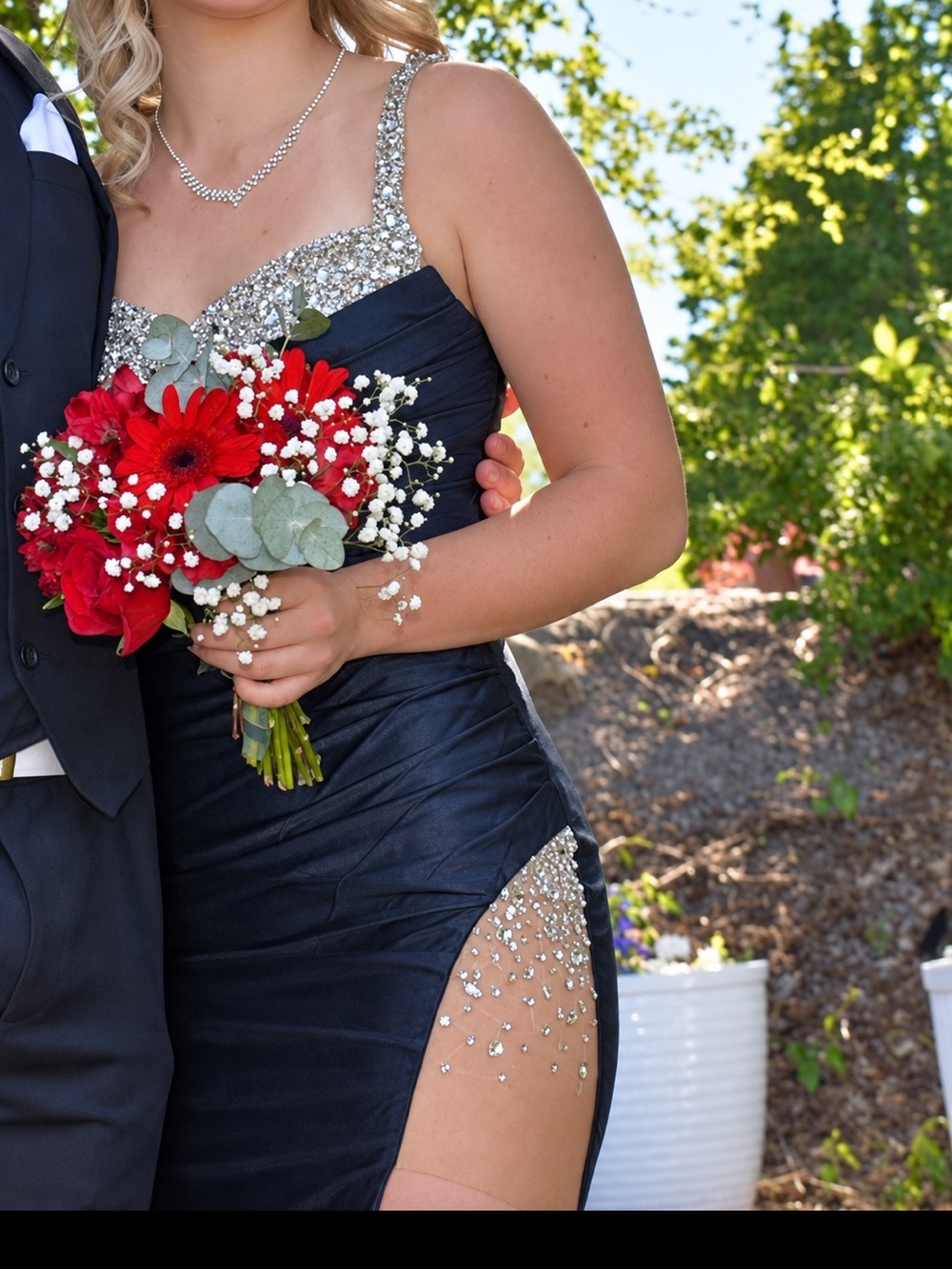 Black Satin Prom/Evening Dress with Crystal Trim and Slit